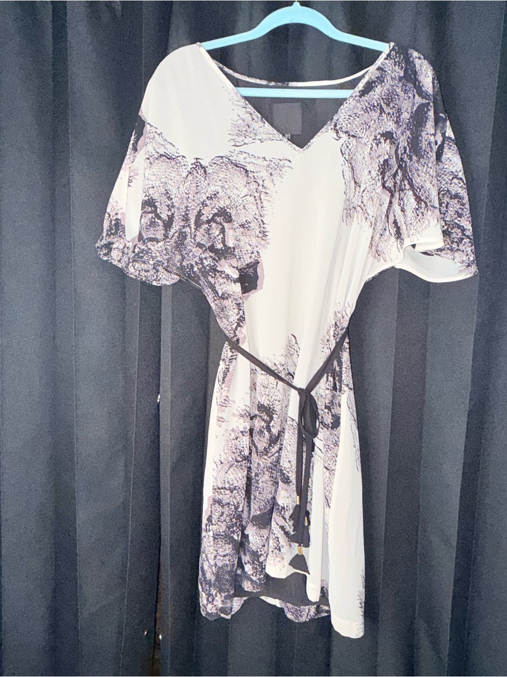 White & Black Printed Mini Dress with Tie Waist
